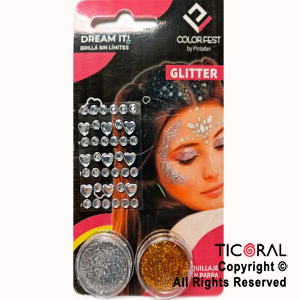 KIT PARA MAQUILLAJE GLITTER EN GEL 2 COLORES+STRASS AUTOADHESIVO 645-04 x 1